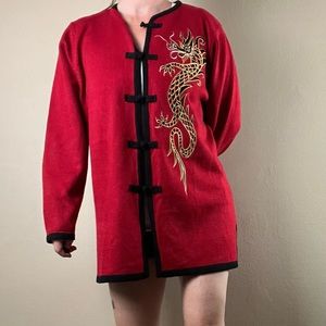 Bob Mackie WEARABLE ART cardigan sweater with toggle closures and dragon detail